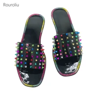 rouroliu 2021 new crystal rivets slippers women summer casual beach shoes female transparent slides ladies outdoor slippers