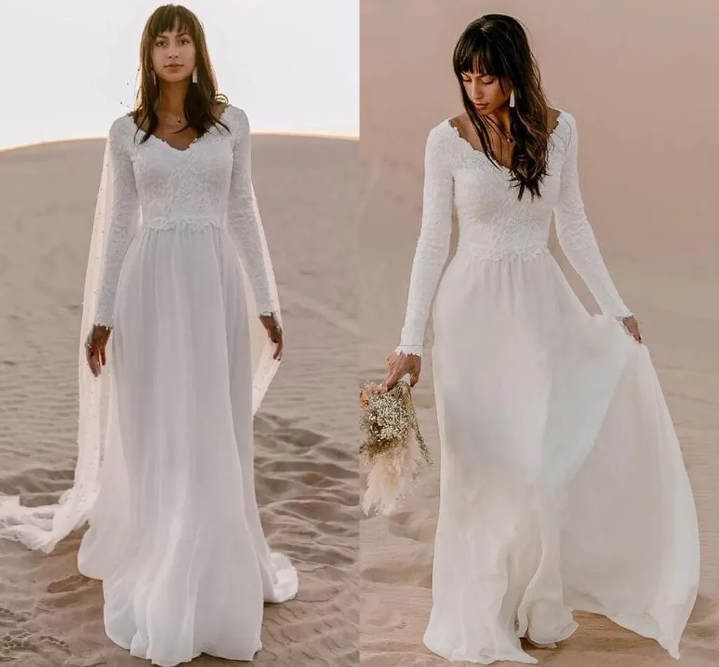 

Simple Fashionable Boho Beach Chiffon Wedding Dress Long Sleeves V Neck Backless Bohemian Bridal Gowns Sweep Train Formal Dresse