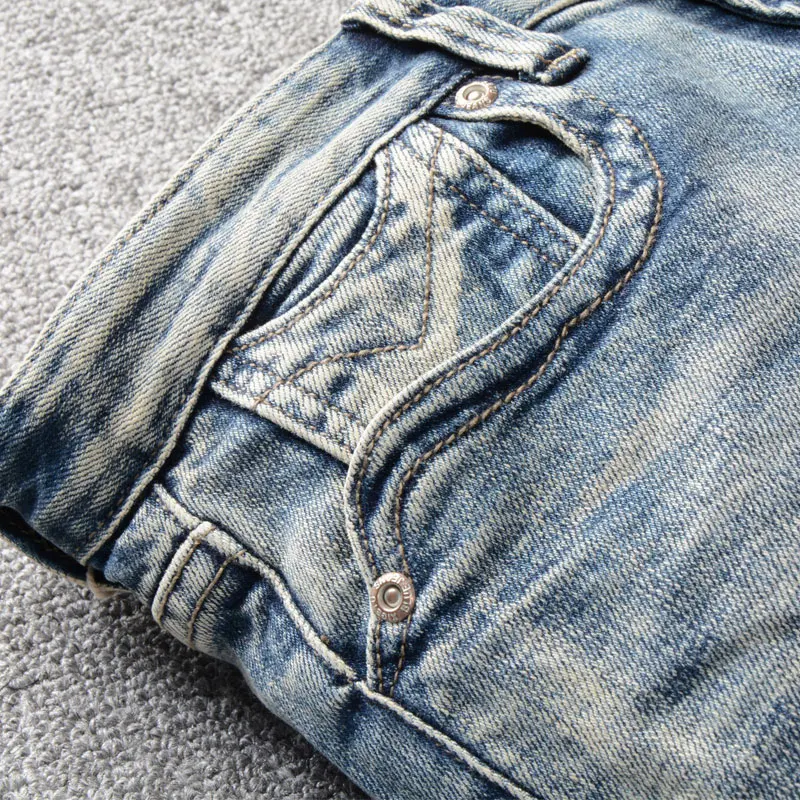 European Street Fashion Men Jeans Retro Blue Vintage Slim Fit Ripped Jeans Men Patch Embroidery Designer Casual Denim Punk Pants