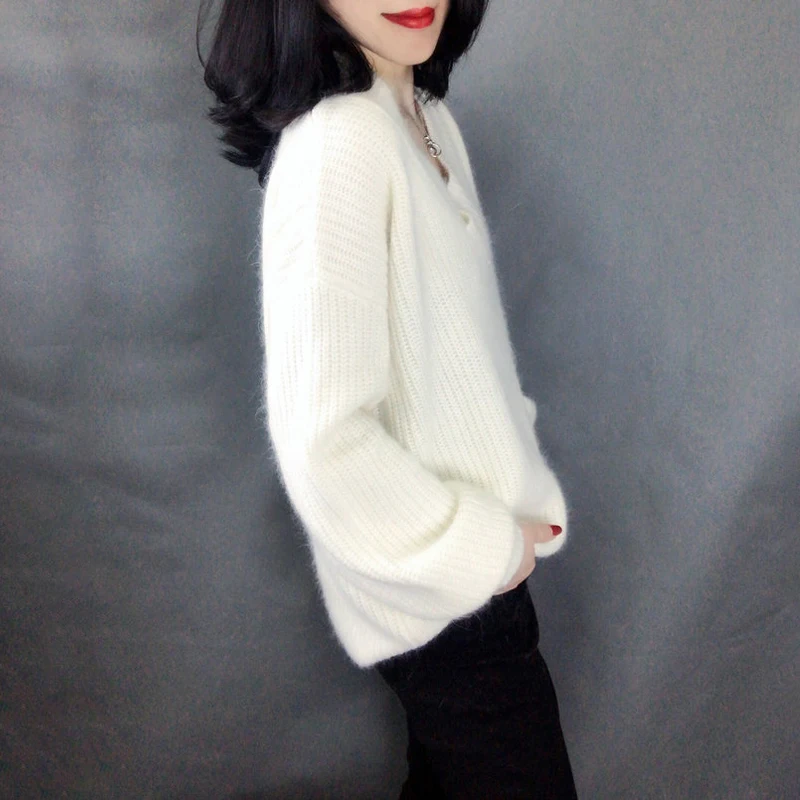High Quality Women Knitted Sweater V-neck Casual Solid White Female Sweaters Pullover Femme | Женская одежда