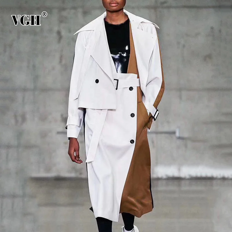 

VGH Patchwork Hit Color Two Piece Set For Women Long Sleeve Coat Sleeveless High Waist Beklt Dress Female Suit Spring 2021 New