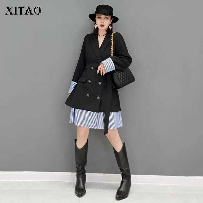 

XITAO Black Blazer Fashion New Women Double Breast Full Sleeve 2021 Autumn Minority Striped Goddess Fan Loose Coat LDS0071
