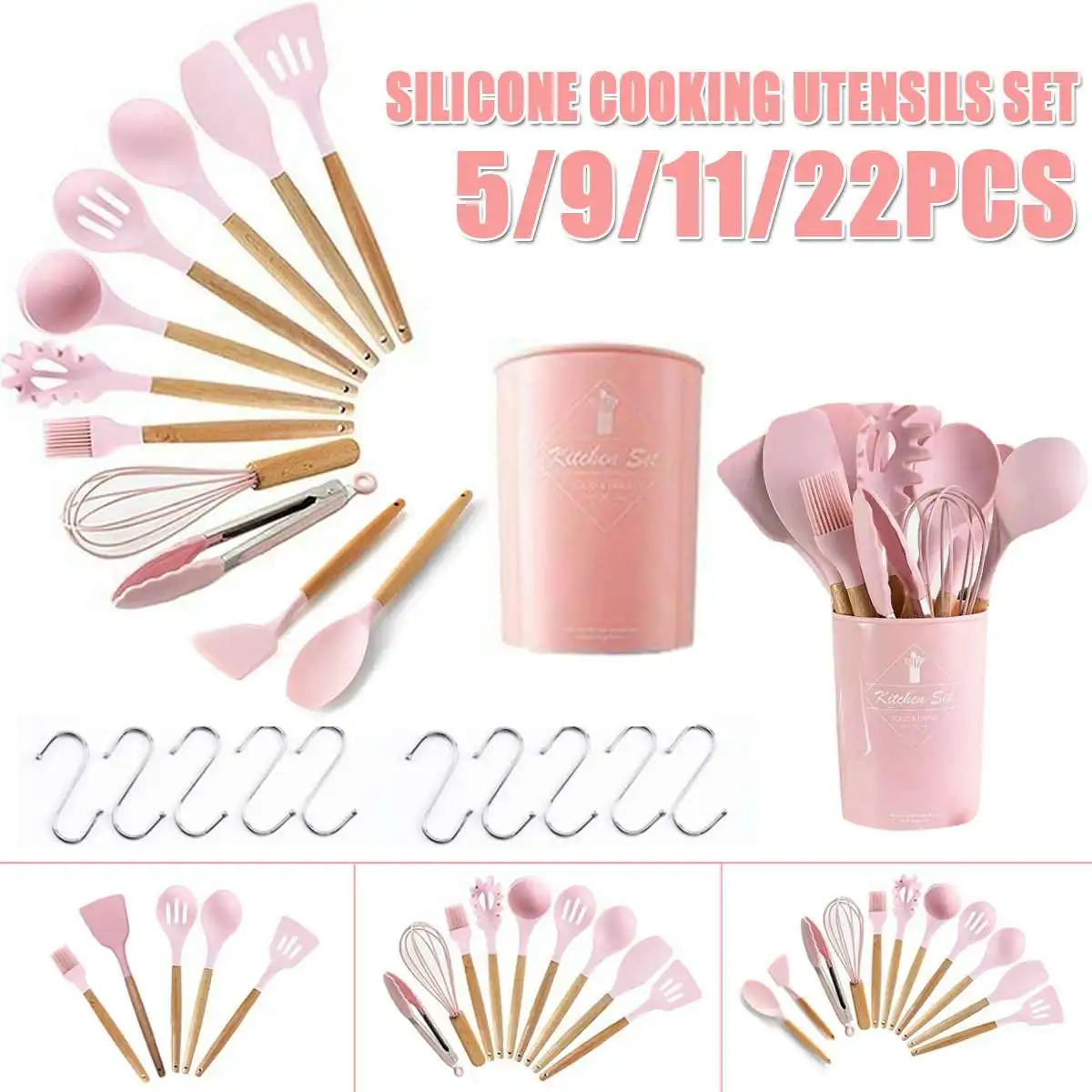 

Silicone Cooking Utensils 9/11/22Pcs Kitchen Utensil Set Non-stick Spatula Wooden Handle with Storage Box Kitchen Appliances