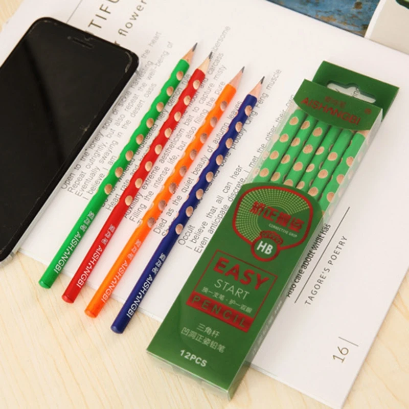 

12 Pcs Triangular HB Corrective Grip Wooden Pencils Kids Children Stationery Writing Hole Pencil School Supplies 96BA