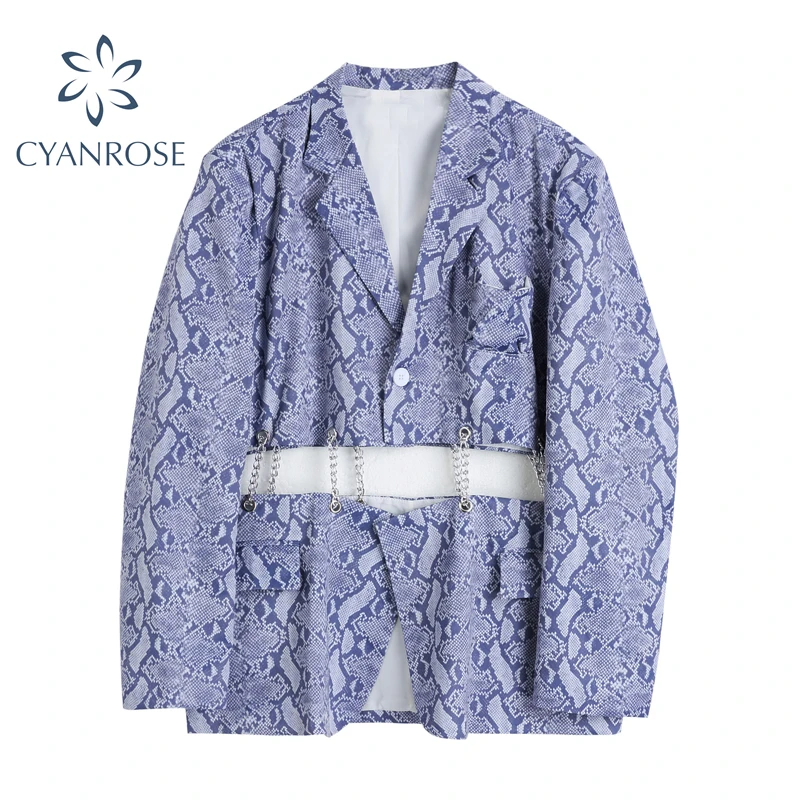 Женский блейзер со змеиным принтом свободный пиджак в уличном стиле с вырезами