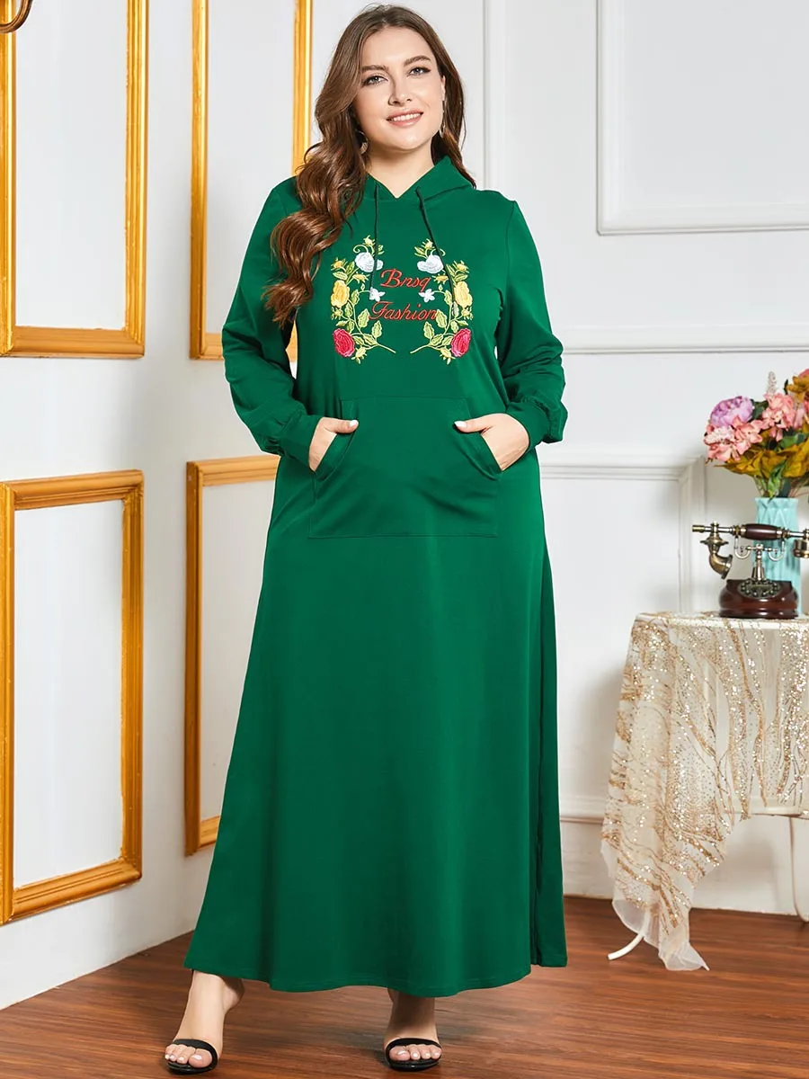 

Middle East Muslim Plus Size Dubai Hui Nationality Ramadan Clothing Fashion Sweater Hooded Pocket Long Sleeve Embroidered Long S