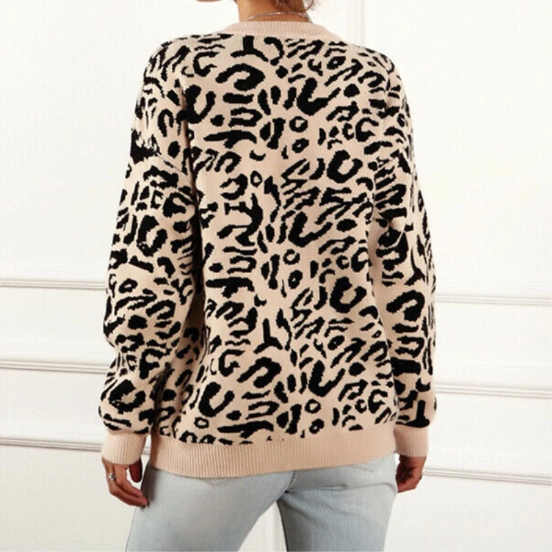 

Women Autumn Long Sleeve Leopard Sweater Tops Jumper Ladies Casual Loose Pull Femme Sweaters Womens Knitted Coat