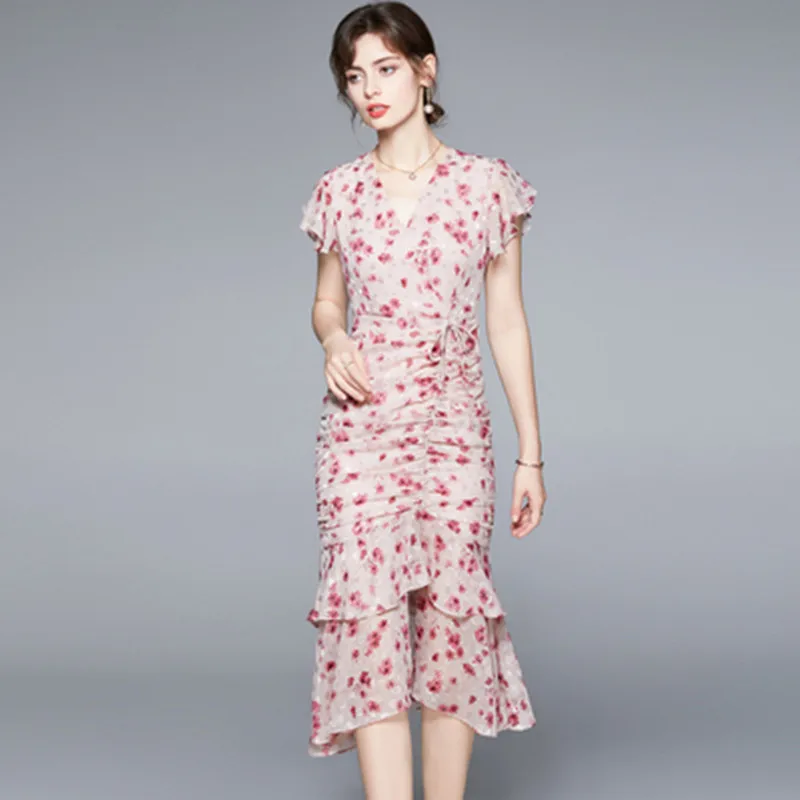 

Temperament Women Summer Print Elegant Ruffles Dress Vintage Designer V-Collar Abstract Pink Party Robe Femme Dresses Vestidos