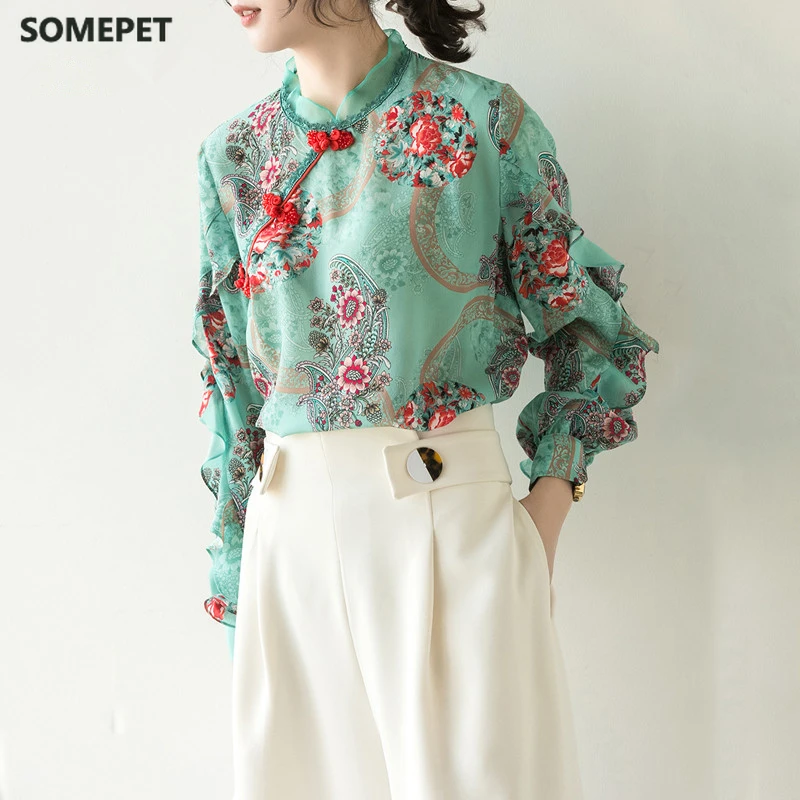 

Chinese Style Floral Ruffles Shirt Top Vintage Elegant Printed Lantern Sleeve Chiffon Qipao Women High Quality National Outfit