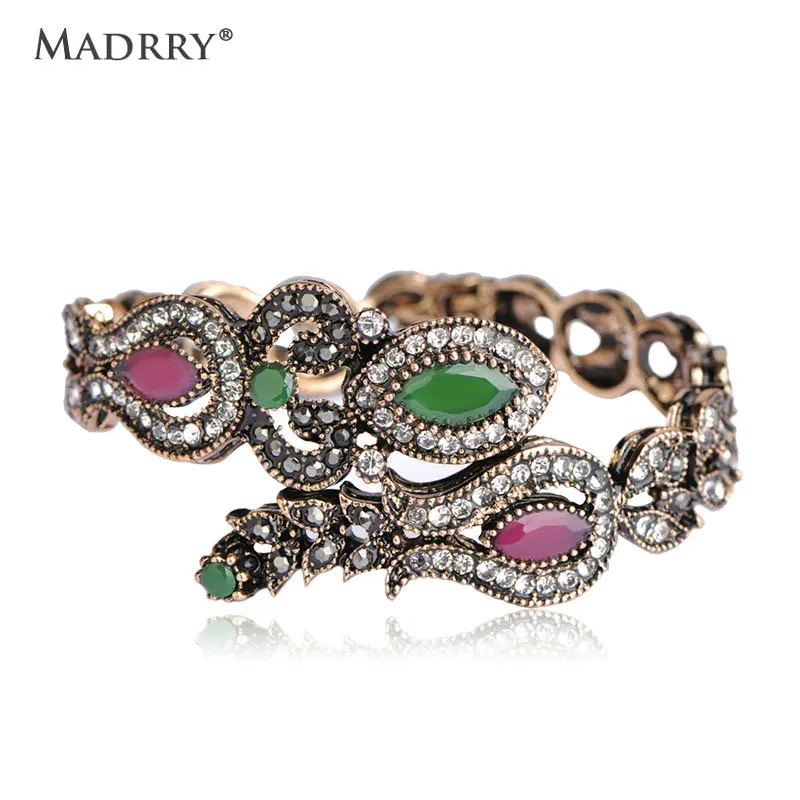 

Madrry Turkish Exquisite Bangles Handmade Carved Flowers Antique Gold color Full Crystals Vintage Accessories Charm pulsera