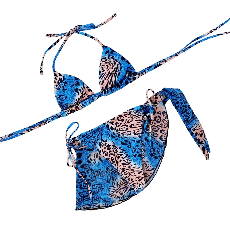 

3 Pieces Bathing Suit Female Leopard Print Strappy Bikini Tops+ Bikini Panties+ Skirt for Summer