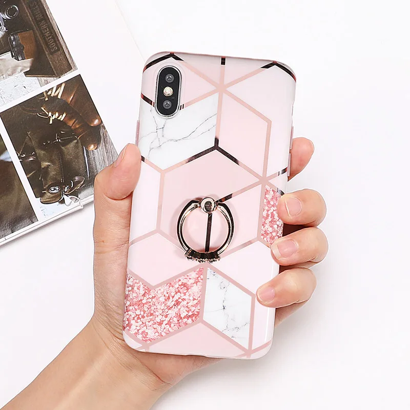 c Чехол для телефона LOVECOM для iPhone 11 Pro XR XS Max 6 6S 7 8 Plus X Мягкая Гальваническая мраморная задняя крышка с кольцом на палец - Цвет: c