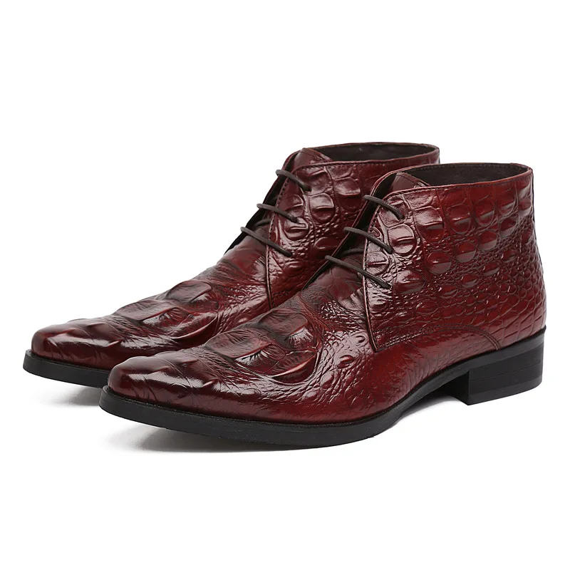 

Men's Lace Up Mens Dress Boots Fashion Wingtip Crocodile Pattern Chelsea Boots Leather Cow Genuine Black Wine Red Ankle Booties