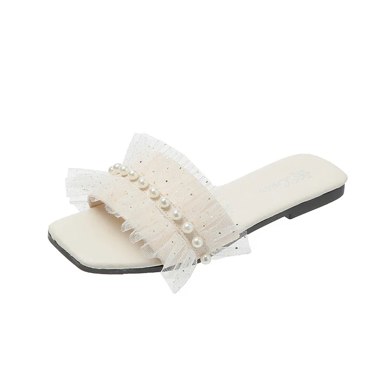 

Shoes Woman 2021 Rubber Flip Flops Slippers Summer String Bead Low Pantofle Hawaiian Flat New Slides Fretwork PU Fabric Hoof Hee