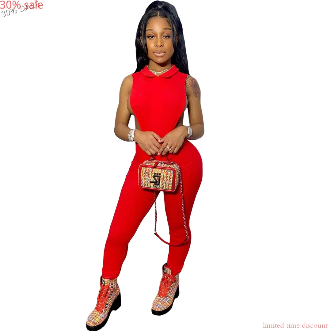 Комбинезон женский с отложным воротником на молнии сзади красный|Женские