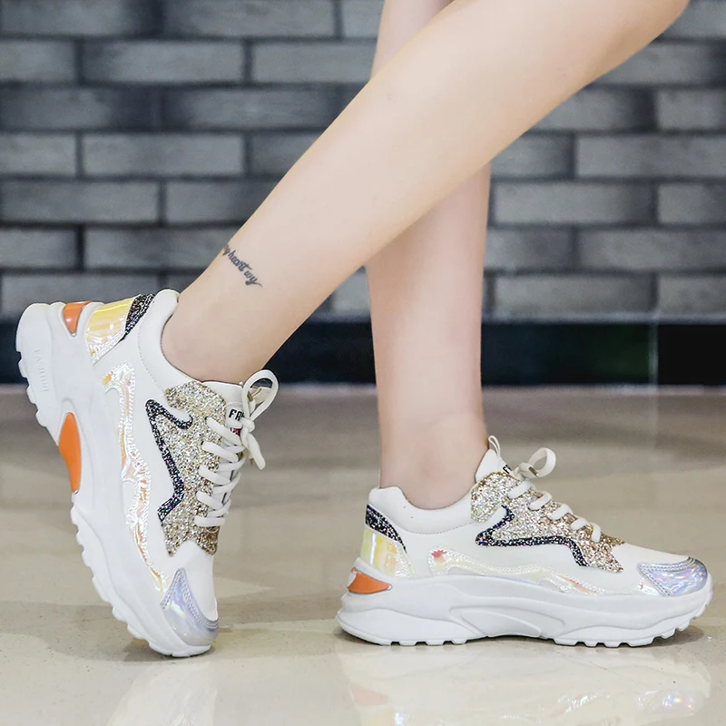 Блёстки Спортивная Стразы модные кроссовки на платформе из PU искусственной кожи