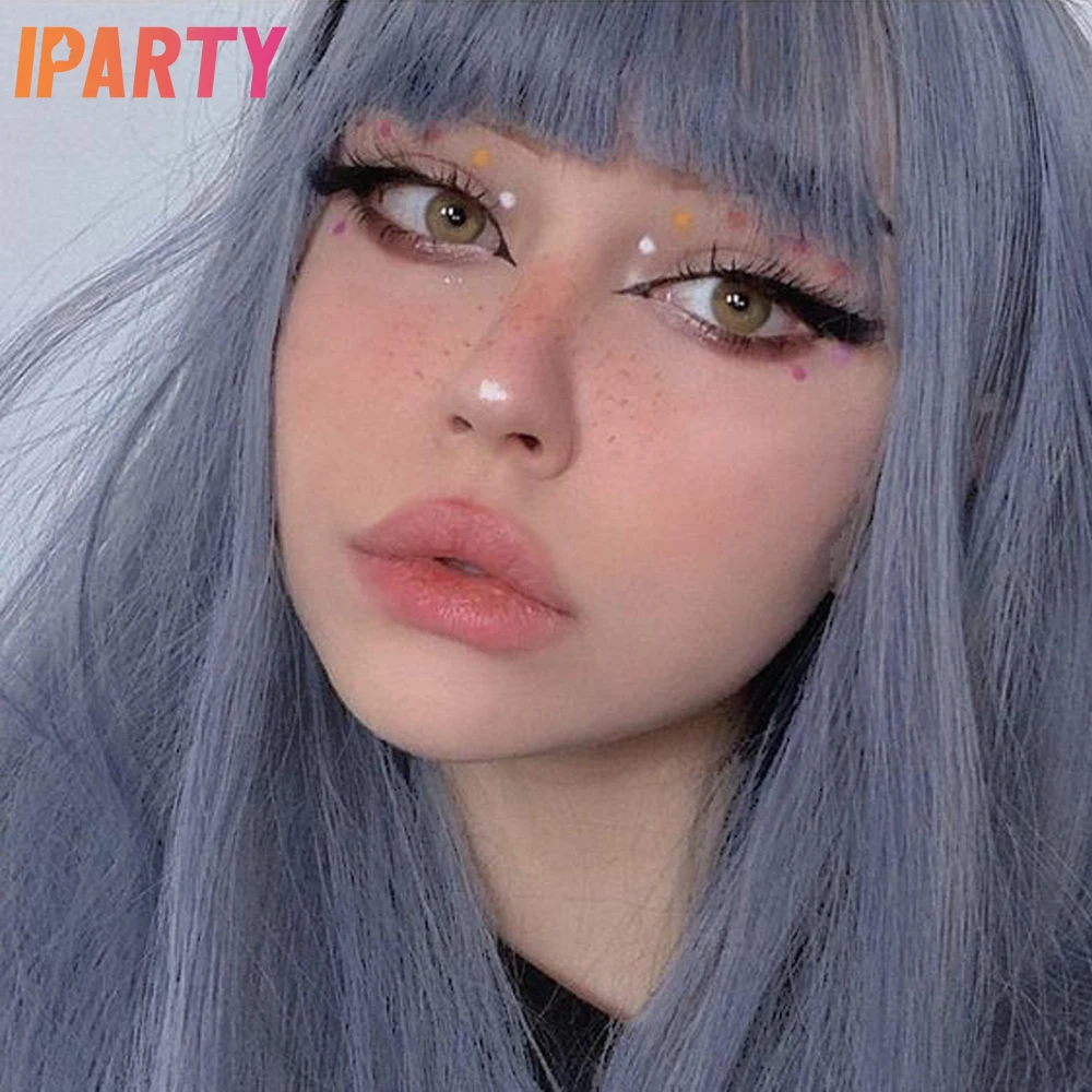 Синтетический парик с челкой синие длинные прямые цветные парики косплей волосы