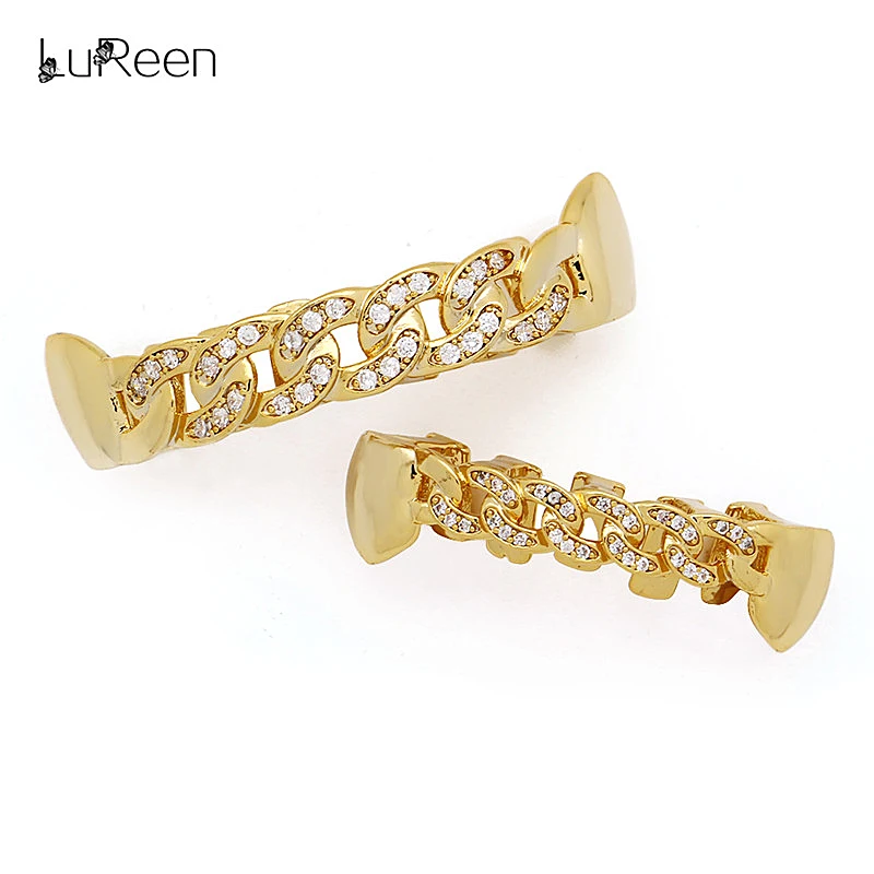 LuReen/золотистые полые зубцы с цепочкой со льдом для вампира Fangs Grillz золотые