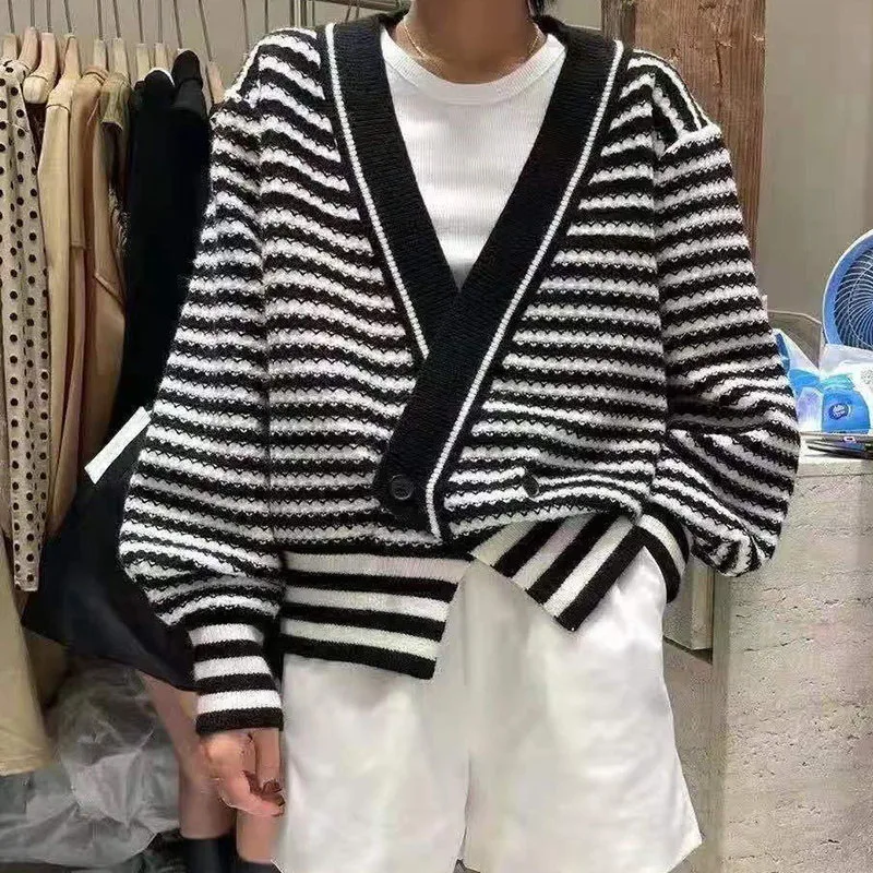 

Striped Sweater Women Oversized Cardigan V Neck Long Sleeve Knit Vintage Fall 2021 New Black Green Gray Harajuku Tops
