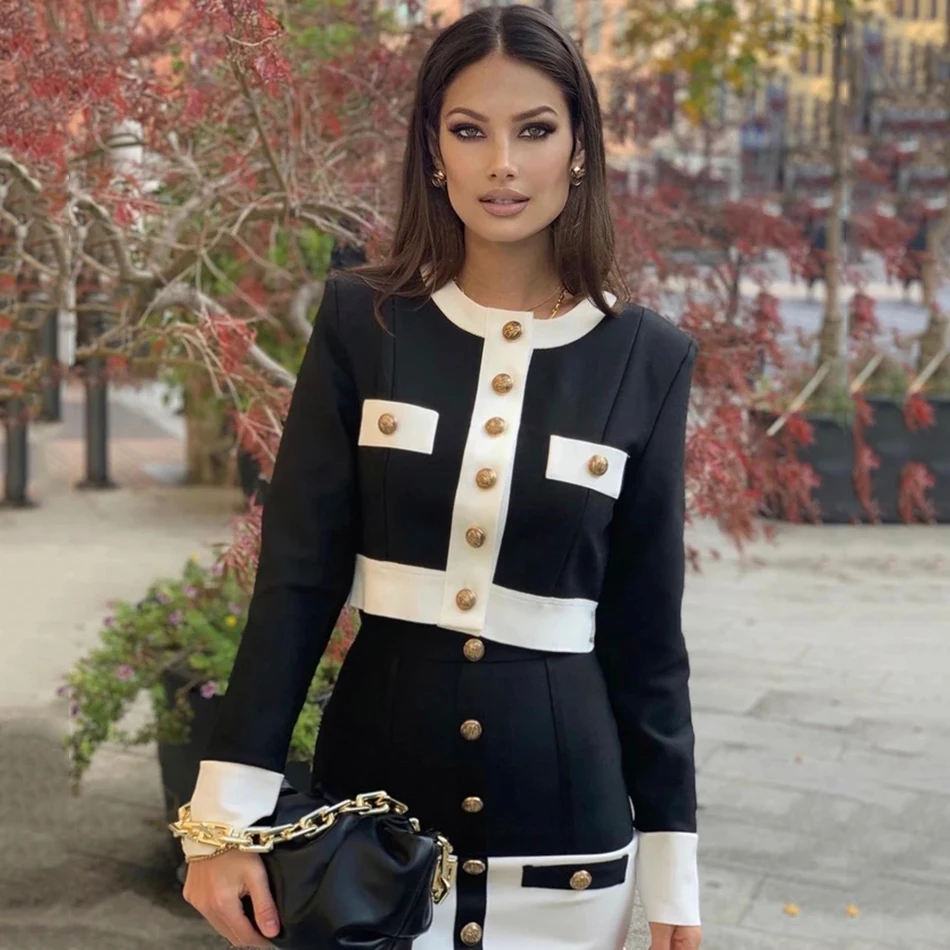 

2021 New High Street Summer Patchwork 2 Two-Piece Set O-Neck Long Sleeve Pocket Button Mini Bandage Dress Female Short Set
