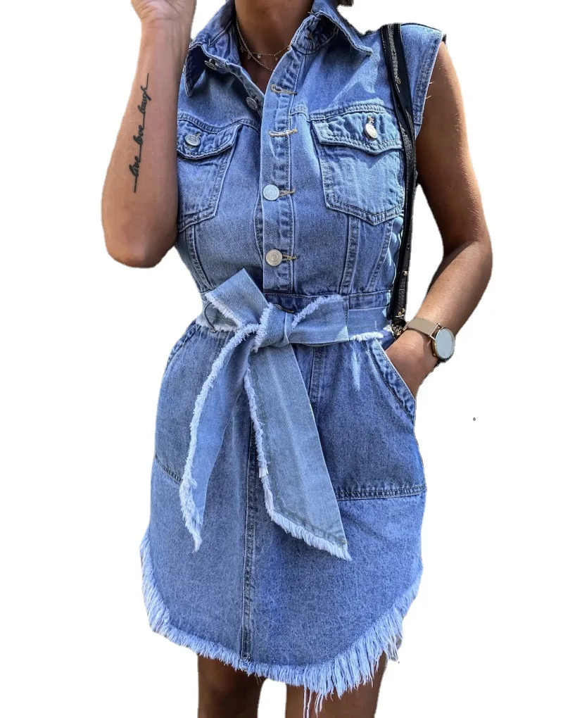 

Elegant Casual V Neck Sleeveless Dress Denim Faux Buttons Pocket Jean Mini Dress Straight Bodycon Bandage Dresses Robe