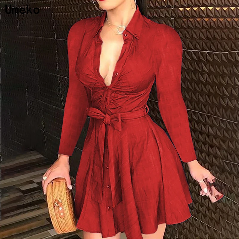 

Chic Women Elegant Solid Party Dress Fashion Pleated Long Sleeve Button A-Line Dress Autumn Sexy Deep V Neck Satin Mini Dress