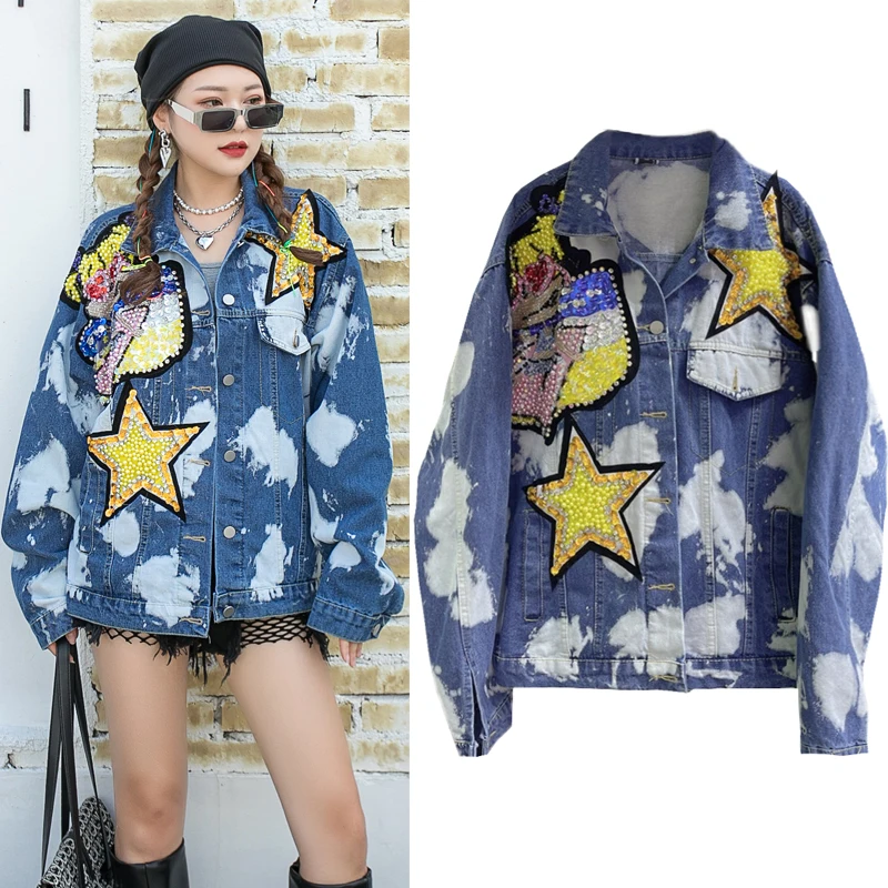 Heavy Industry Embroidered Fashion Denim Women Jacket Diamond Crystal Loose Long Sleeve Single Breasted Tie-Dye Jean Coats