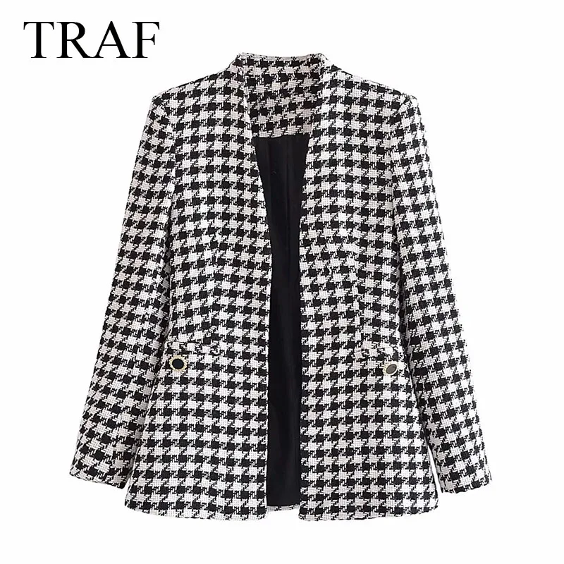 

TRAF ZA Jacket Women Vintage Houndstooth Tweed Blazers Office Wear Elegant Coat Long Sleeve Pockets Female Outerwear Chic Tops