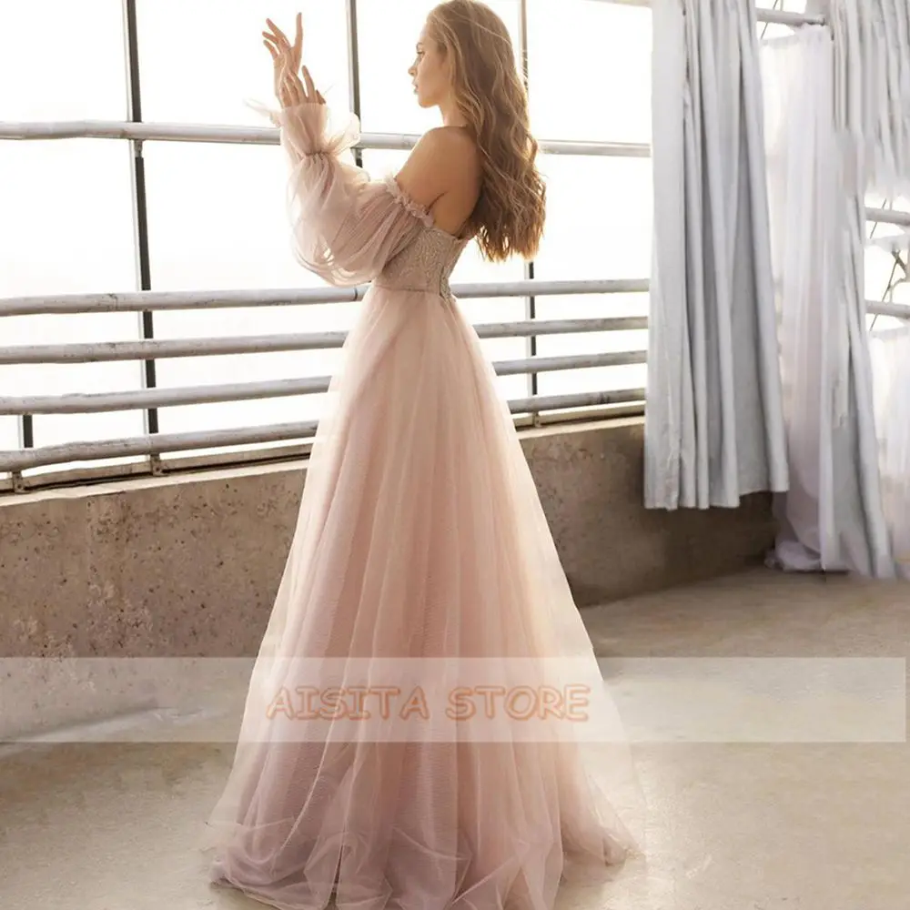 

Elegant Pink A Line Prom Dresses Princess Long Sleeve Sweetheart Off the Shoulder Floor-Length Formal Evening Party Gowns