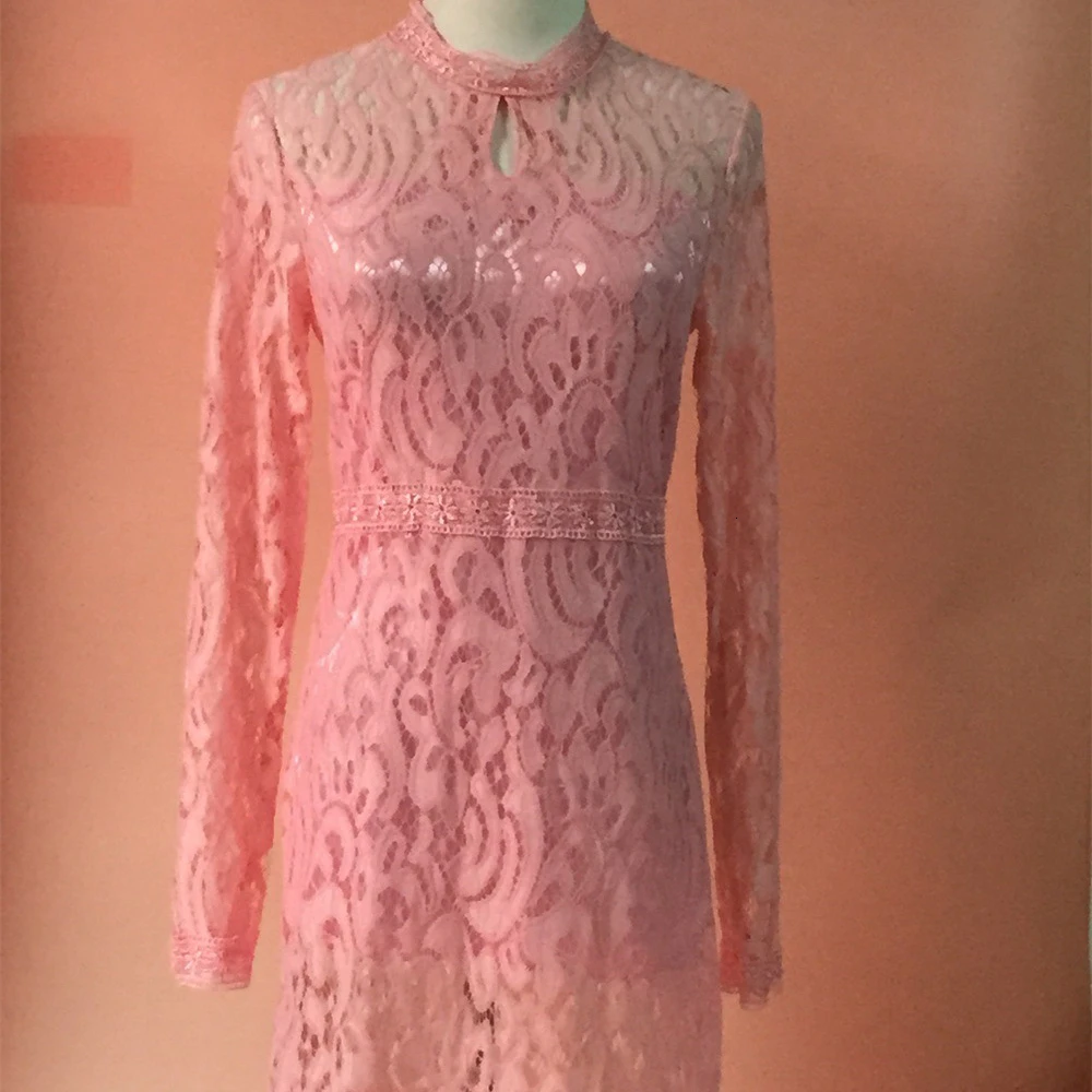 High Quality Elegant Hollow Out Lace Dress Women Long Sleeve Autumn Style Midi-calf Pink Spring Party Vestidos | Женская одежда
