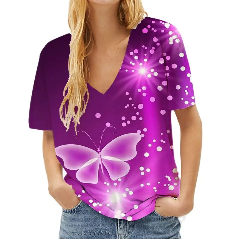 

Casual Women Harajuku Short Sleeve Tshirts Butterfly Printed 3D Color t-shirt Summer Women's Clothing Female V-neck Street Tops