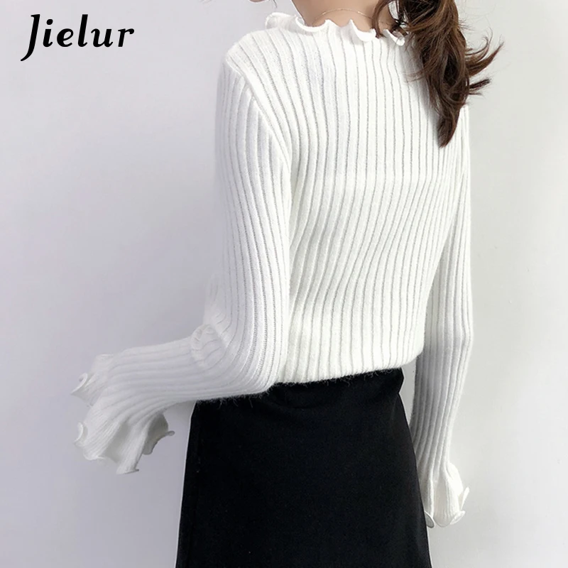 Свитер женский трикотажный с оборками и воротником длинным рукавом зимний S-XL |