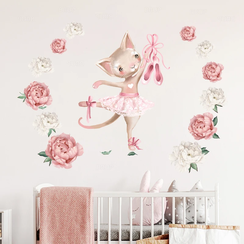Watercolor Ballet Dance Cat Peony Flower Wall Stickers for Kids Room Baby Nursery Decoration Decals PVC Removable | Дом и сад