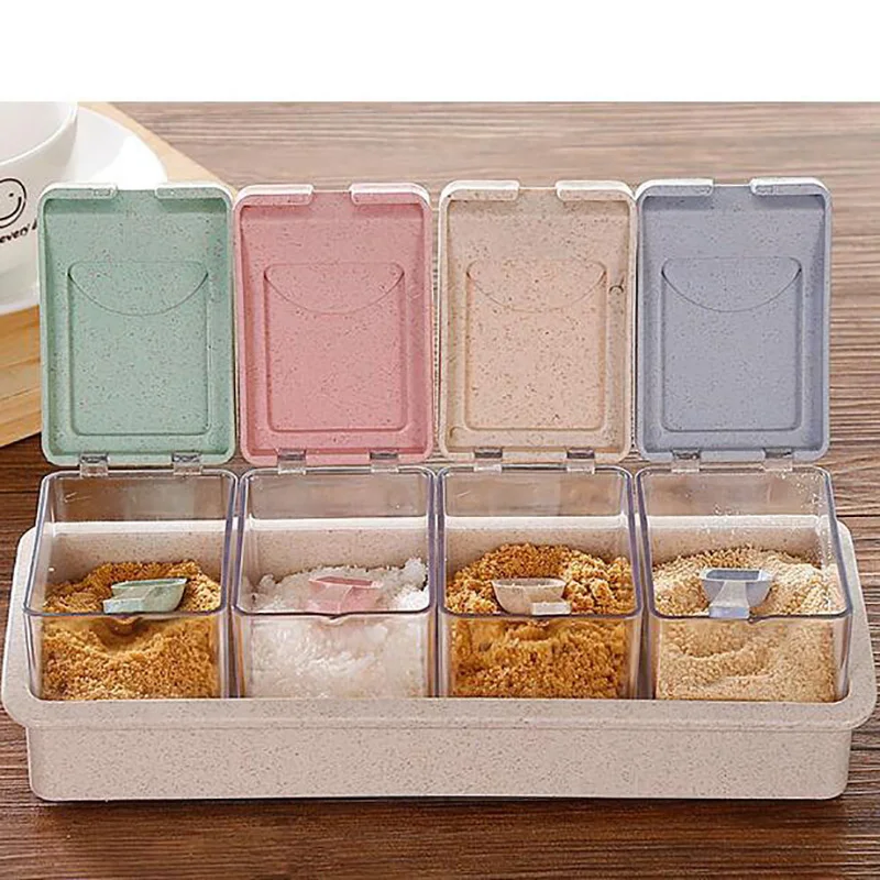 Четырёхячейка кухонный Органайзер хранилище Box специи приправы банка Пшеничная