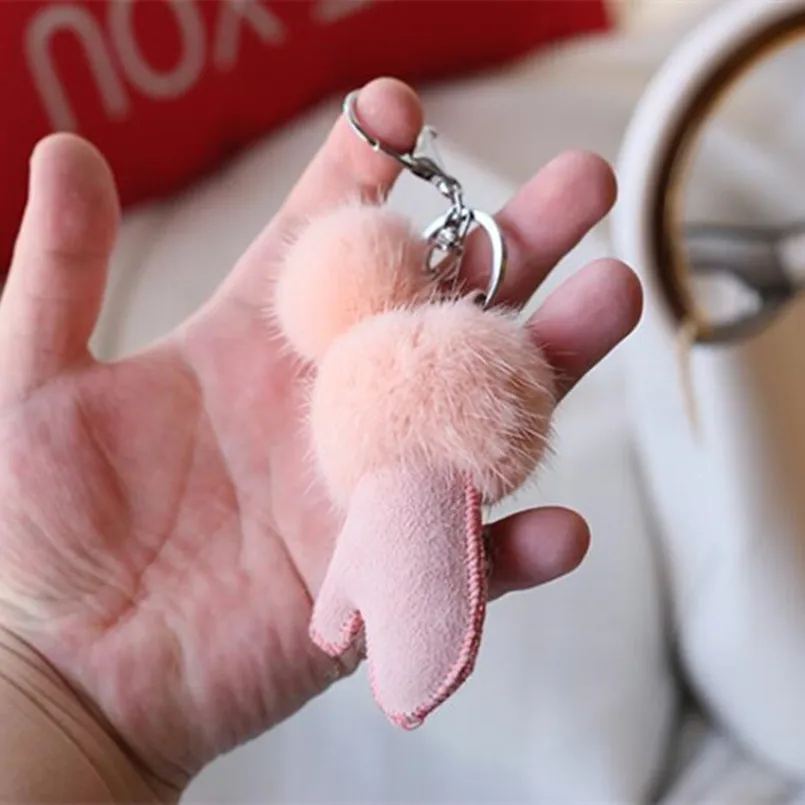 new keychain of real mink fur women fashion accessories mobile phone bag pendant leather fur mitten girls key ring free global shipping