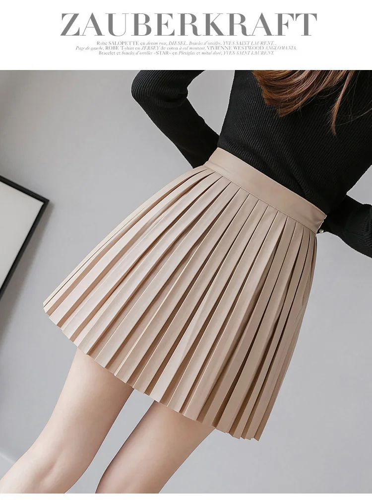 

Autumn Sweet Women Pleated PU Skirts Female Faux Leather Skirts Girls Sexy Women Pleated Skirt