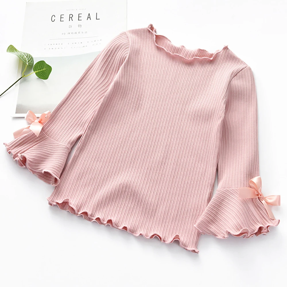 

Flared Sleeve Cotton T Shirts Cute Girls Crew Neck Bows Pullover Tops