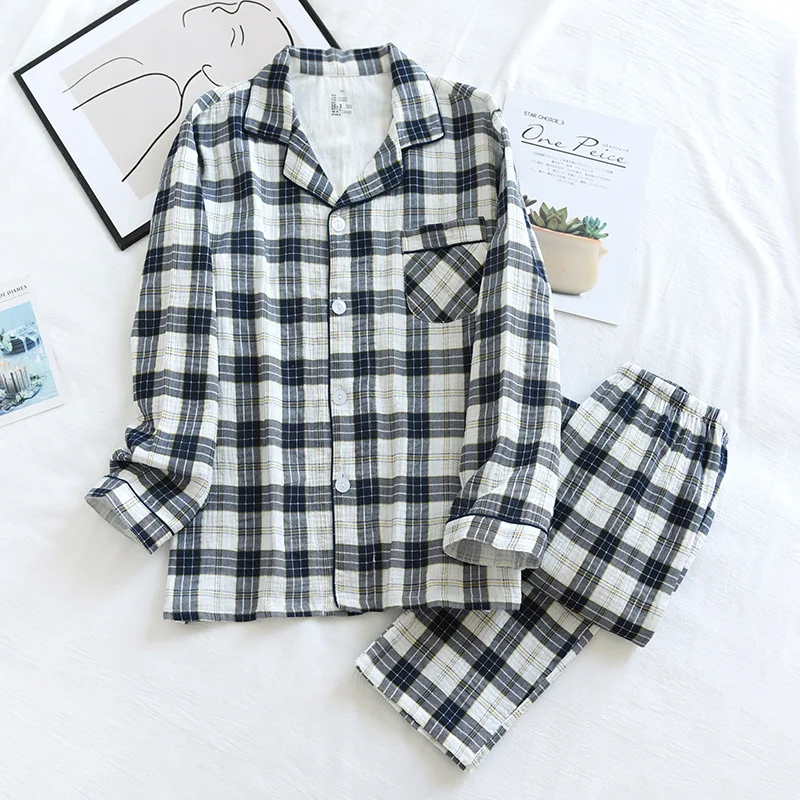Spring And Summer New Couple 100%Cotton Crepe Pajamas Two-piece Men's Long-sleeved Trousers Ladies Home Service Set Simple Plaid