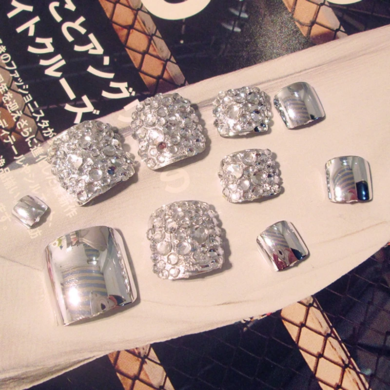 

24Pcs Charming Foot False Nail Tips Glitter Rhinestone Fake Toes Nails Tool J25