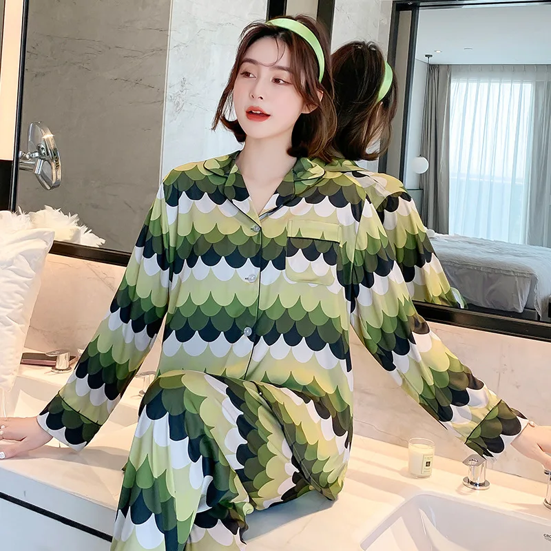 

Blue Couple 2PCS Satin Pajamas Set Spring Autumn Full Sleeve Shirt&Pant Sleepwear Casual Print Nightwear Loose M-XXXL Home Wear