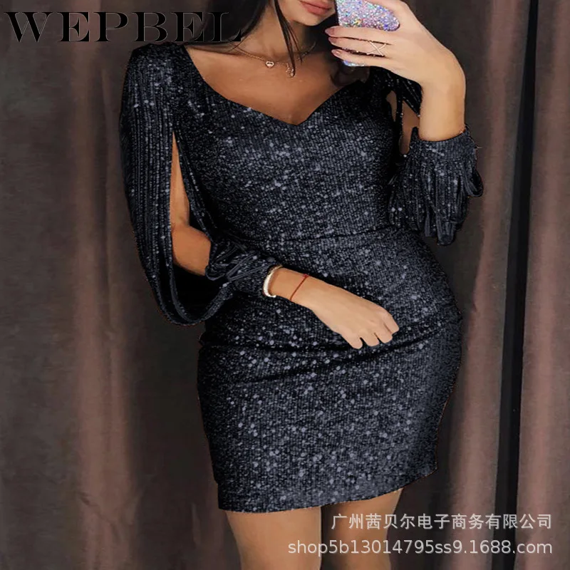 

Mandylandy Women Sexy Sequins Tassel Sleeve Evening Dress Casual Lady Long Sleeve V Neck Skinny Bodycon Dress Party Dress