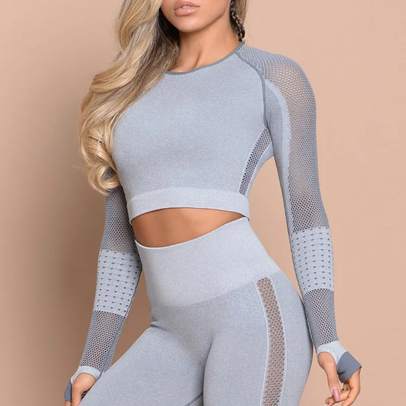 light blue yoga top Короткий топ с длинными рукавами женские рубашки для иоги Спортивная футболка для спортзала бесшовный для спорта женский спортивный Топ Спортивная одежда для фитнеса - Цвет: light blue yoga top