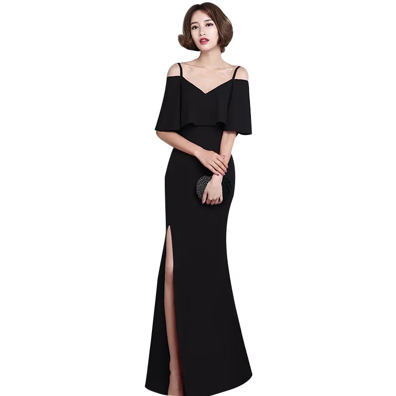 

Black Sexy Front Split Evening Party Dress Lady V-Neck Backless Exquisite Banquet Gown Elegant Off Shoulder Mermaid Dresses