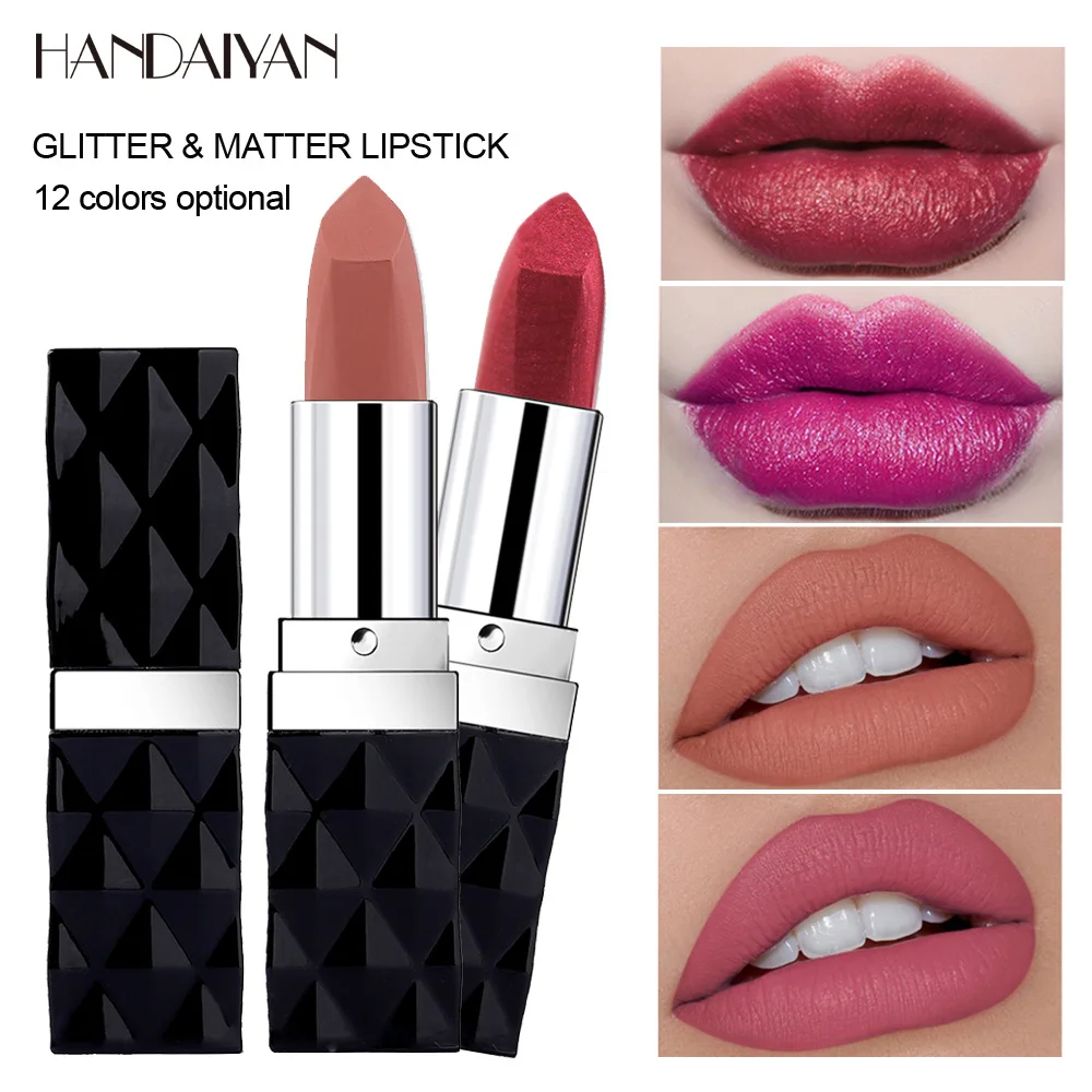 New Matte Velvet Lipstick HANDAIYAN Waterproof Lip Stick Glitter 12 Colors Pearl Pigments Lipgloss Makeup Sexy Red Brown |