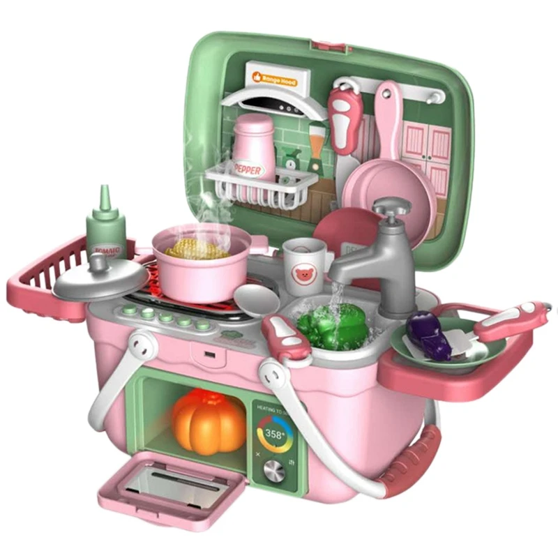

30 Pcs Kids Kitchen Toys Set Portable Food Cooking Suitcase Playset Pretend Play Kitchen Electric Spray Water Role Play