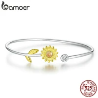 bamoer genuine 925 sterling silver gold color adjustable sunflower cuff bangle bracelet for women fine jewelry 2020 new bsb045