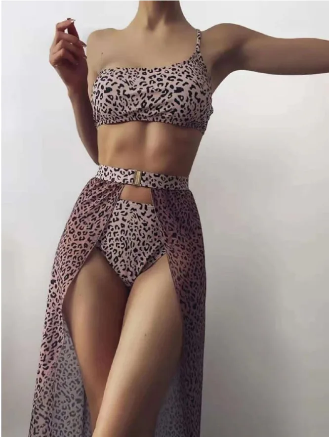 

2021 New split three-piece mesh bikini leopard print swimsuit