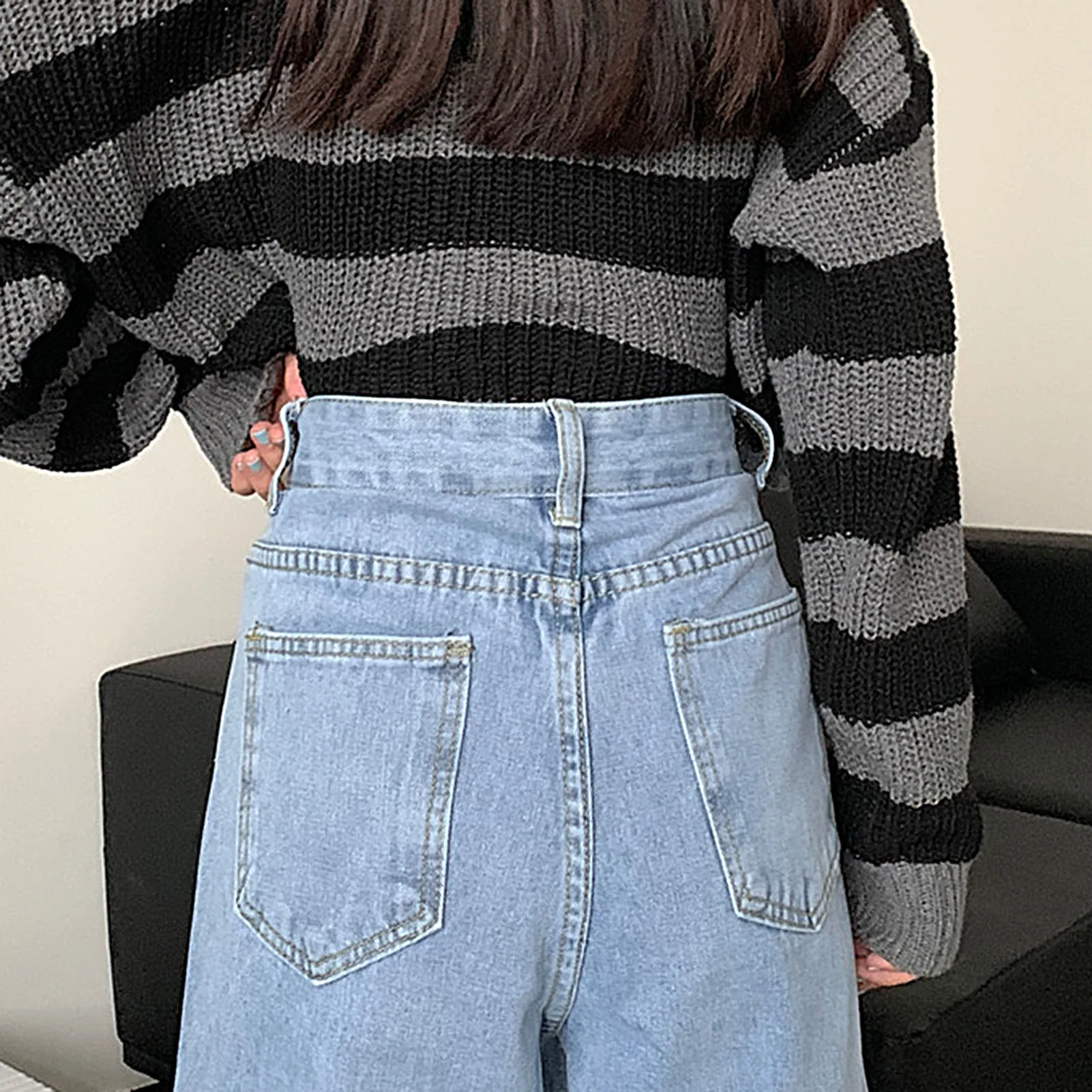 

Casual Women High Waist Button Wide Leg Trousers Pockets Solid Color Pants Jeans