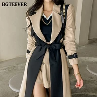 bgteever elegant notched collar ladies patchwork windbreaker full sleeve buttons belted women long trench coats 2021 winter