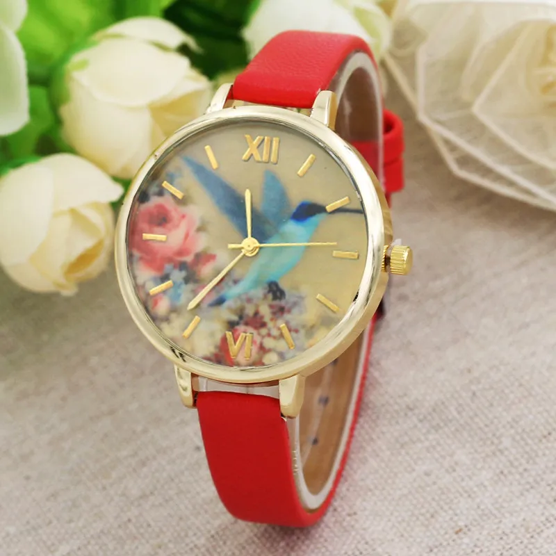 

Women Leather Band Blue Hummingbird Analog Quartz Movement Ladies Wrist Watch For Female Clock Relogio Feminino
